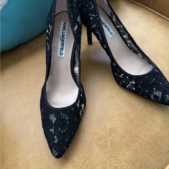 Karl Lagerfeld Womens Lace Pointed Toe High Heels Pumps Black - Picture 5 of 6